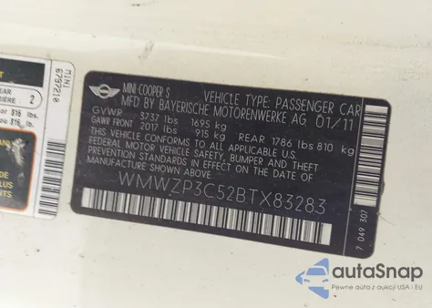 2011 Mini Cooper S from USA, damaged, VIN WMWZP3C52BTX83283
